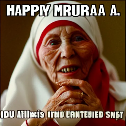 Image similar to mother theresa smoking marijuana, happy, red eyes