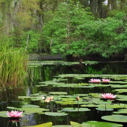 Image similar to a pond with water lillies in the forest, in the style of Gordon Onslow Ford,