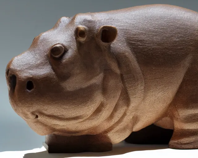 Image similar to a sculpture of hippo baby, half wood carved half resin epoxy, cubic blocks, side view centered