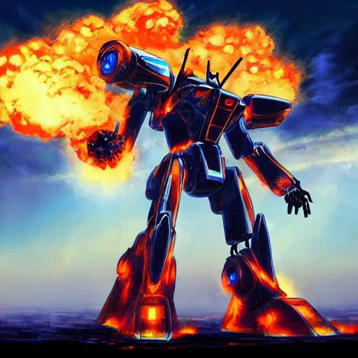 Prompt: beautiful picture of a giant Mecha, fire, burning, ember, dramatic, anime style, art by Yasuhiko Yoshikazu, trending on Artstation