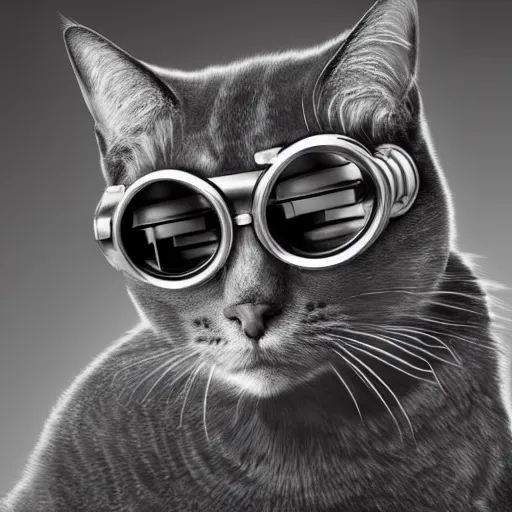 Prompt: a profile picture of a cat with steampunk googles, by ROSS tran, 4k, monochromatic