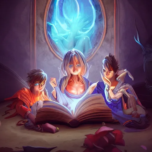 Image similar to a female and three male characters summoned from inside a book like genies, trending on artstation, detailed digital art