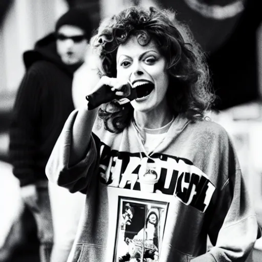 Image similar to 1 9 9 0 s video still of susan sarandon, wearing a hip hop hoodie, rapping on stage at a small outdoor concert, vhs artifacts