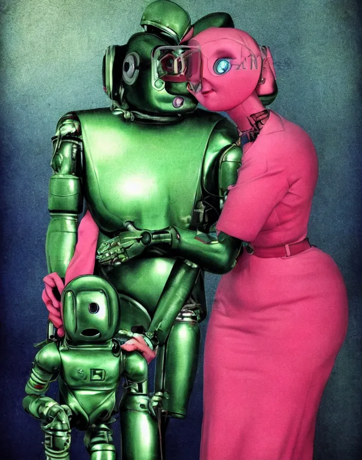 Prompt: a suited metal robot!!!! hugging a retro real - life housewife!!!!, 1 9 5 0 s horror film movie poster style, ( norman rockwell oil painting ), close - up shot, tight shot, profile shot, retro science fiction, vintage, saturated pink and green lighting, shadowy lighting