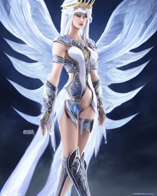 Image similar to perfect white haired egyptian goddess wearing white dove wings, warframe armor, regal, attractive, ornate, sultry, beautiful, ice queen, half asian, pretty face, blue eyes, detailed, scifi platform, 4 k, ultra realistic, epic lighting, android body, masterpiece, art by akihito tsukushi, voidstar, artgerm