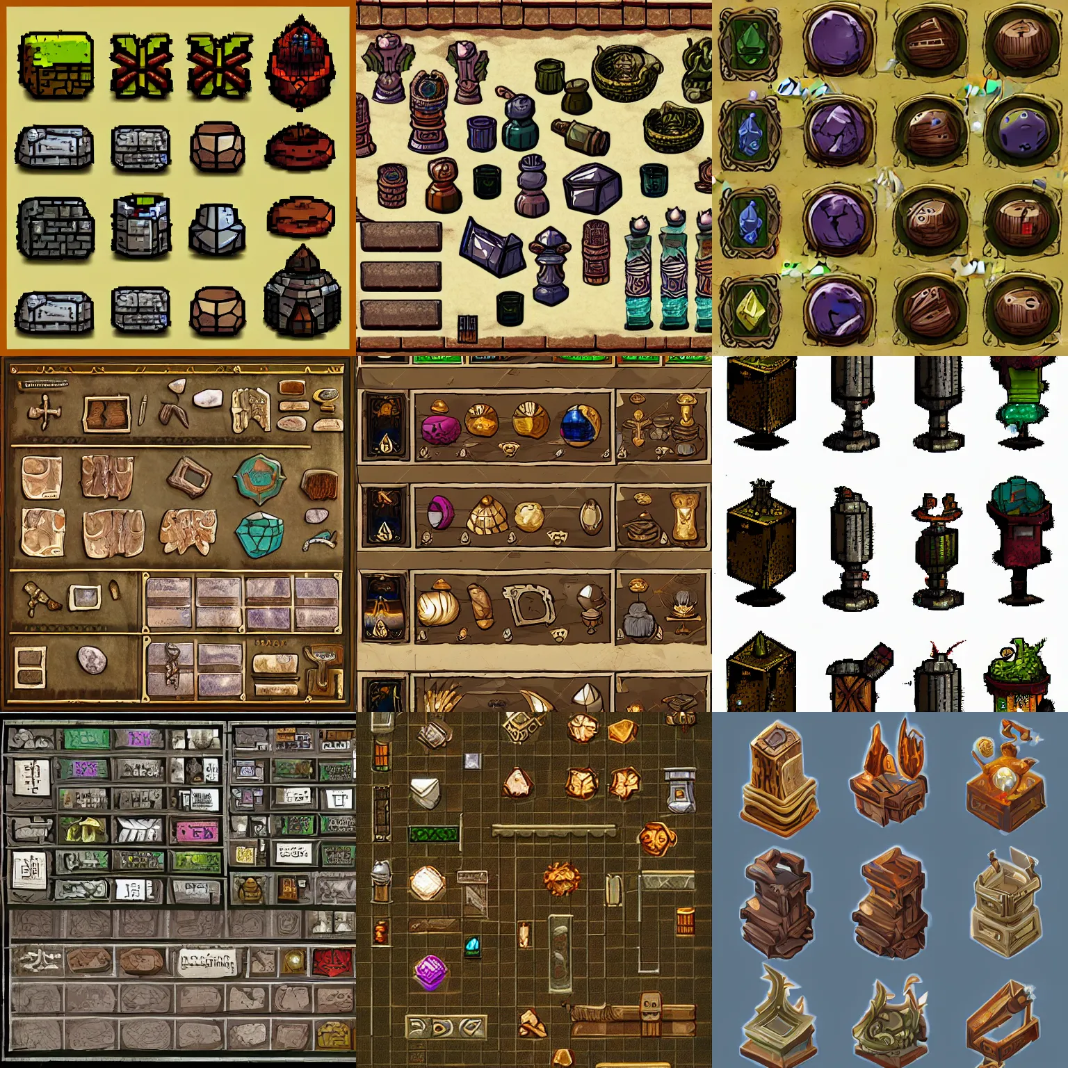 Prompt: game rpg spritesheet of relics artifacts