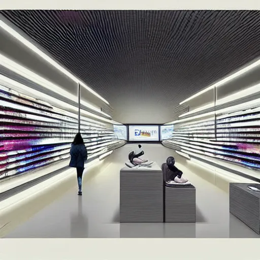Prompt: (2030s flagship retail interior Samsung Microsoft Apple.) by Jean-Baptiste Monge !!!!!!!!!!!!!!!!!!!!!!!!!!!
