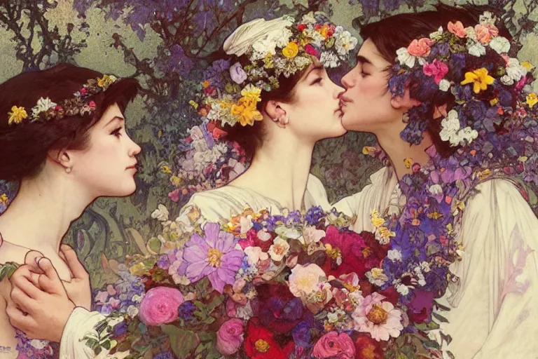 Image similar to the groom kisses the bride at a wedding full of flowers, bright and happy, dreamlike art, highly detail, 4 k realistic, wedding photoy krenz cushart. artem demura. alphonse mucha. yoji shinkawa artgerm. jon lothian. danilo torres. adi meyers. thomas reimann. gaston bussiere.