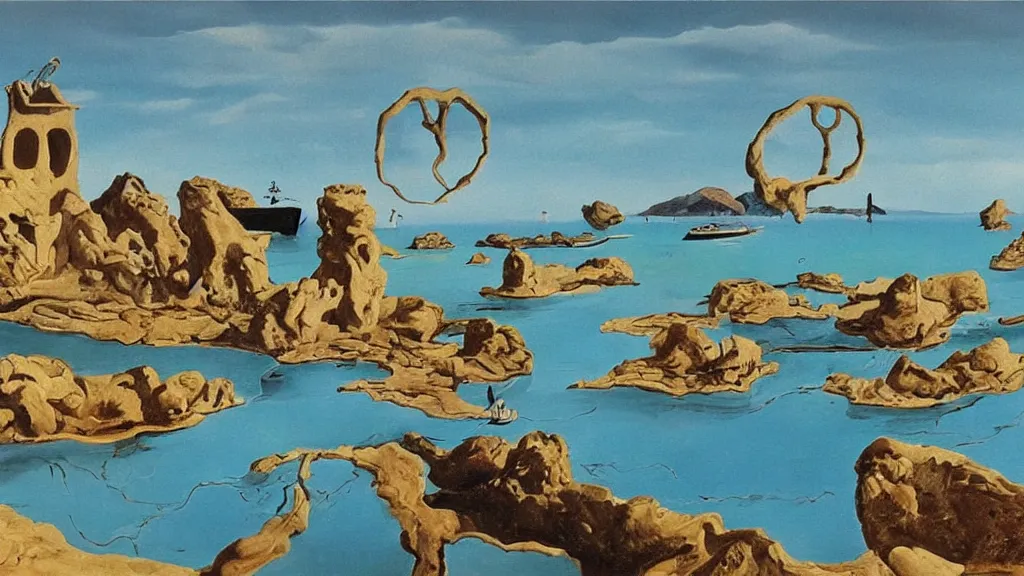 Image similar to High-Quality surrealist painting of Empuries, peaceful, very detailed, oil painting by Salvador Dalí.