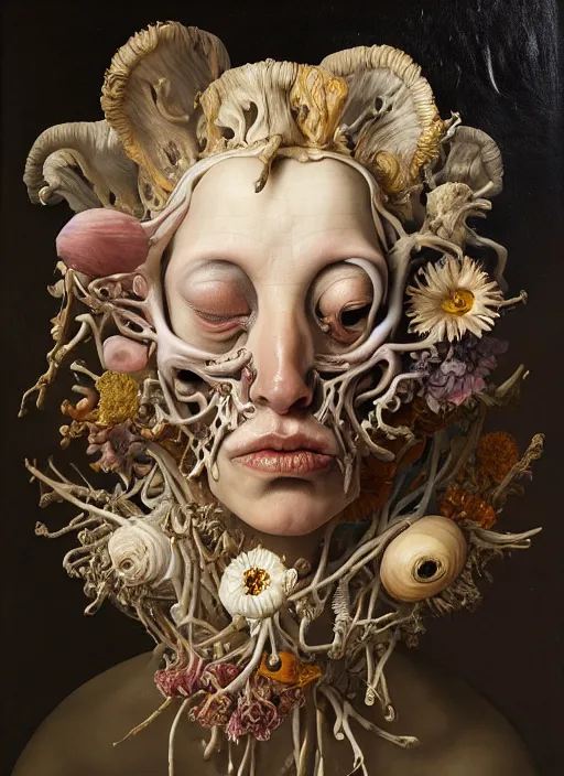 Prompt: strange, looming head, biomorphic painting of a woman expressive face, wearing a small, ornate crown made of flowers and bones by, rachel ruysch, jenny saville and charlie immer, highly detailed, emotionally evoking, head in focus, volumetric lighting, melting, drippy oil painting,