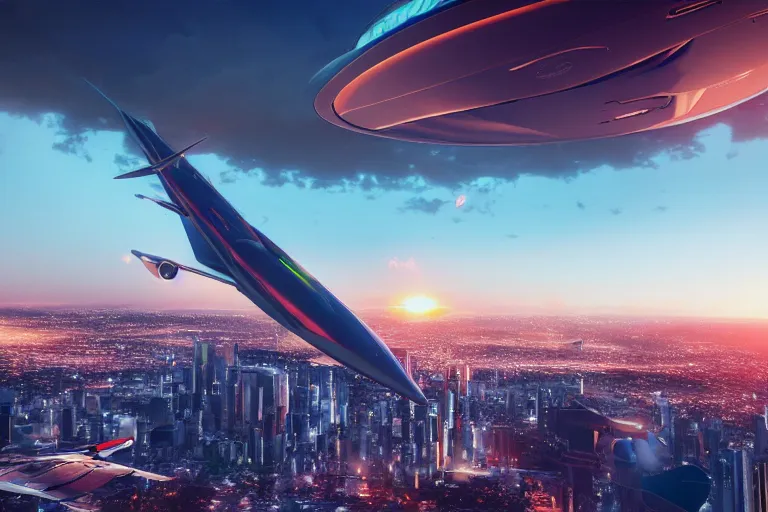 Prompt: a futuristic massive jet flying over a futuristic 2060 city at sunset, 3d octane render