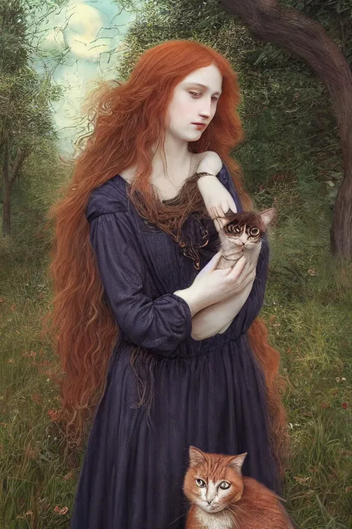 Image similar to A extremely beautiful pre-raphaelite portrait of a cute witch and her cat, surreal, ultradetailed, intricate, elegant, lithe, detailed, digital painting, artstation, concept art, smooth, sharp focus, illustration, ethereal, regal, award winning picture, extremely detailed masterpiece