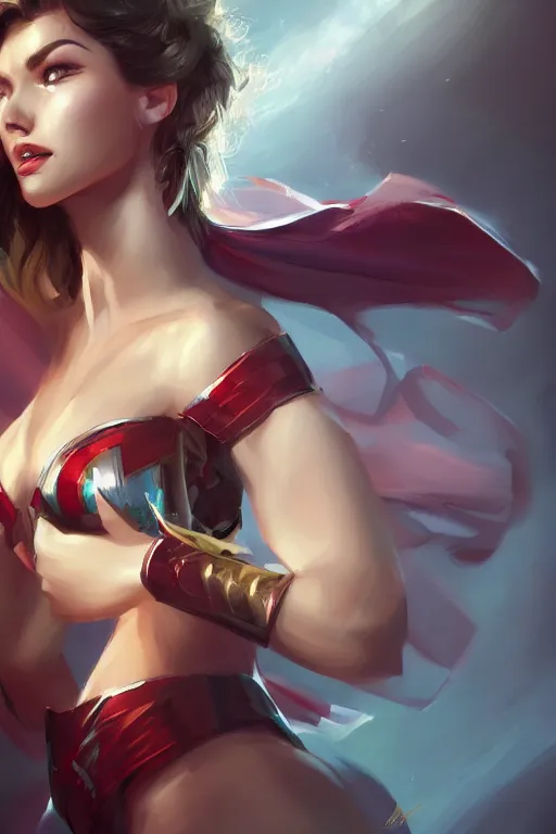 Image similar to three quarters portrait pose of a beautiful woman,super heroine costume,super powers,heroic pose, elegant, highly detailed, digital painting, artstation,shining, illustration, art by Stanley Lau