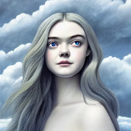 Image similar to professional painting of Elle Fanning in the style of Rob Gonsalves, head and shoulders portrait, symmetrical facial features, smooth, sharp focus, illustration, intricate, stormy weather, extremely detailed masterpiece,