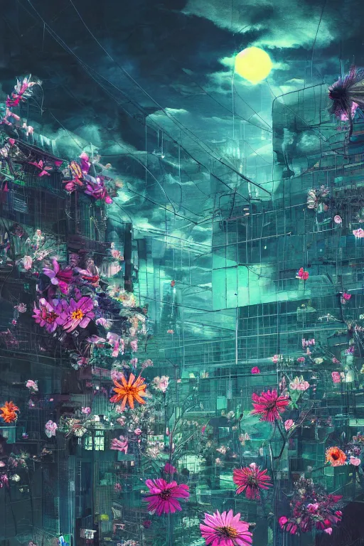 Prompt: night sky full of flowers, cyberpunk art, floating detailes, leaves b, kenneth blom, mental alchemy, pablo amaringo, naudline pierre, contemporary art, hyper detailed, photorealistic,