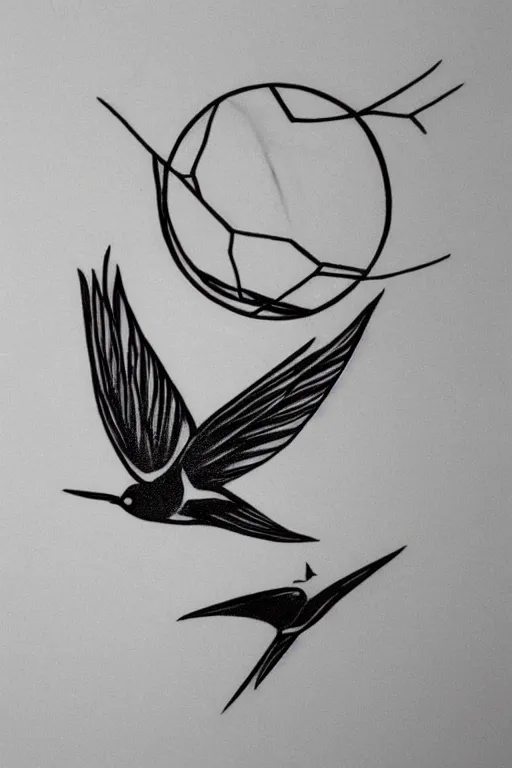 Image similar to a beautiful tattoo design of minimalist swallows flying into spherical lines and simple basic shapes, black ink, abstract logo, line art