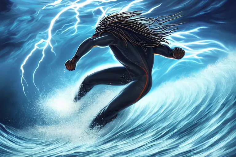 Prompt: a wide angle dynamic action photo of a cybernetic black man with dreadlocks surfing an opal barrel wave, neon lightning storm, by clark little and rhads in a surreal style, concept art by artgerm, ( wave porn ), highly detailed, infinite intricacy fractal, sunset