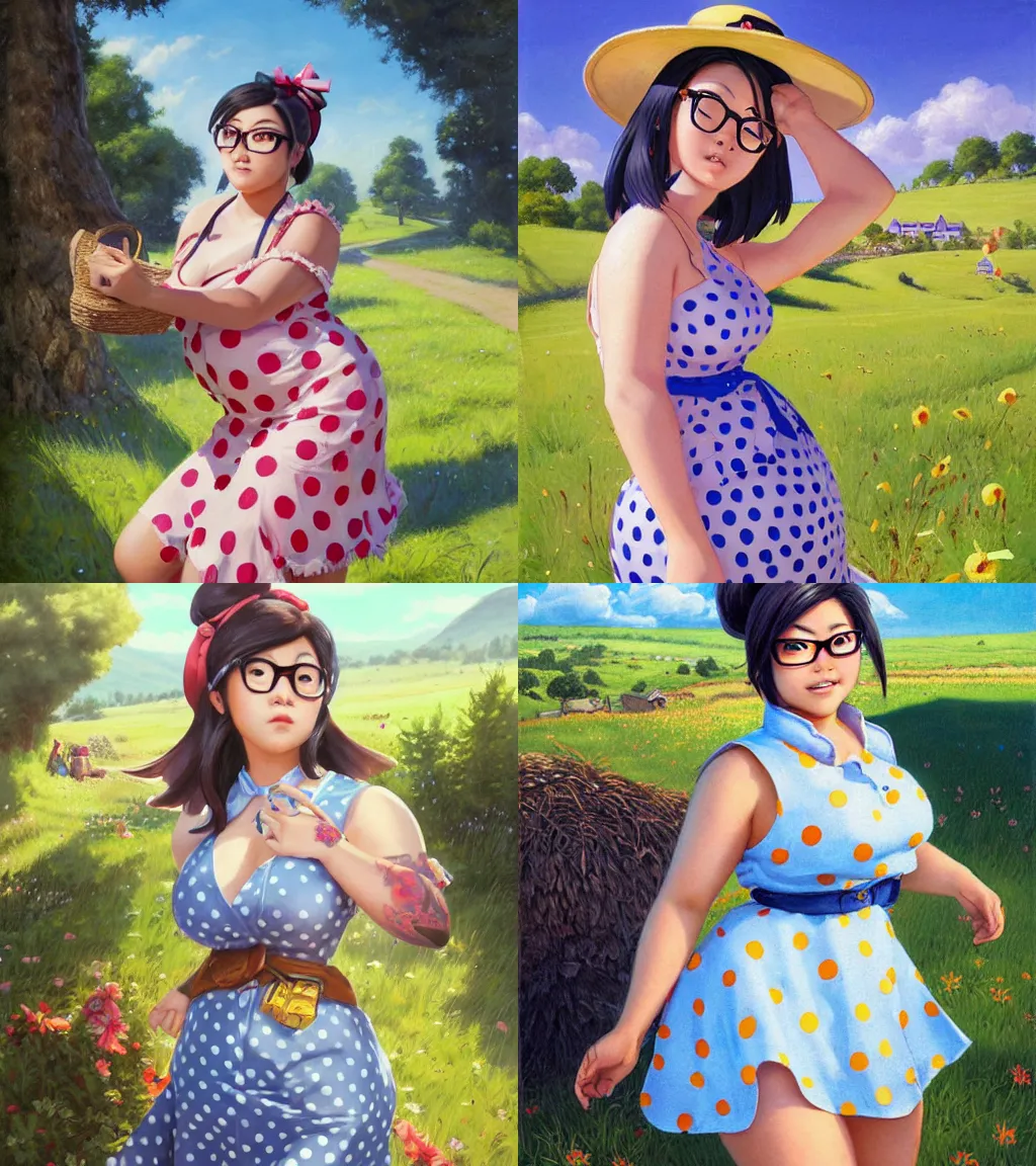 Prompt: portrait, mei from overwatch wearing a beautiful polka dot summer dress in the countryside, by greg staples and jeff easley, chubby, beautiful scene, hyper - realistic, intricate, summer day, sunlight, cheerful, soft lighting, detailed, glasses