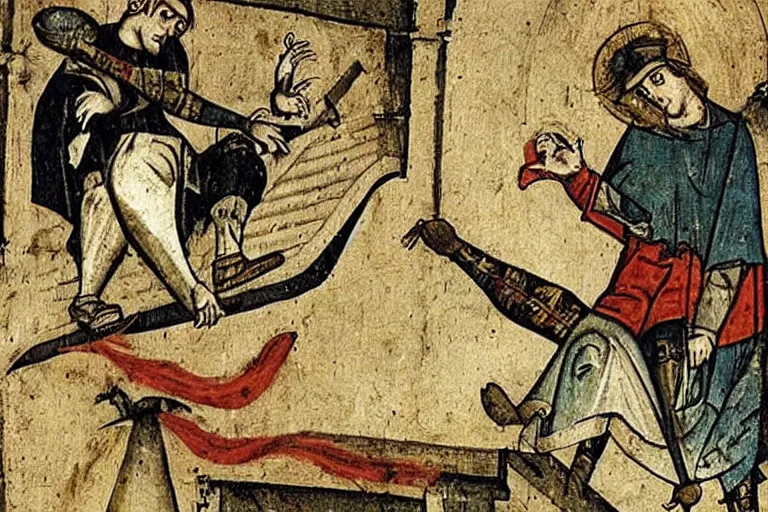 Prompt: tony hawk doing a kickflip, medieval art