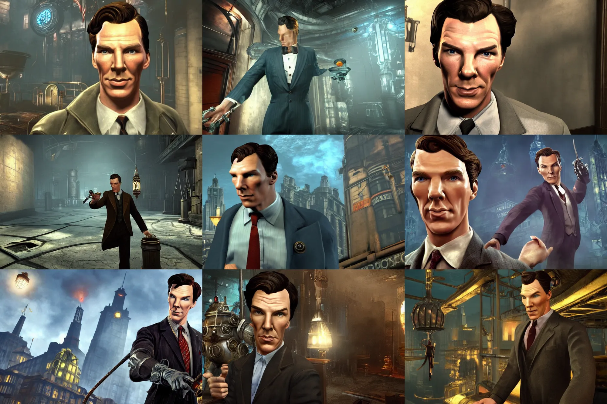 Prompt: a screenshot of benedict cumberbatch in the video game bioshock. 3 d rendering. unreal engine. amazing likeness. very detailed. cartoon caricature.