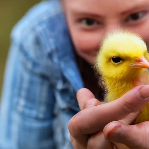 Prompt: a proud young woman in a farm holding up a baby chick extremely close to the camera, almost touching the lens. photograph extremely close wide - angle lens