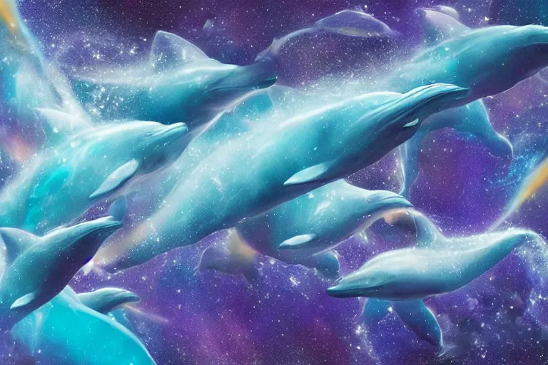 Image similar to a group of cosmic dolphins jumping out of a cosmic ocean in space