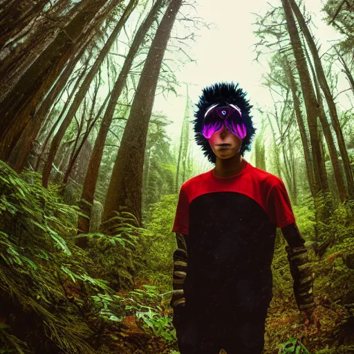 Image similar to in the style of ghostshrimp and deathburger and laurie greasley a young mixed race male explorer wearing a cyberpunk headpiece who is exploring in an enchanting and lush forest , low angle fish eye lens, highly detailed, 8k wallpaper