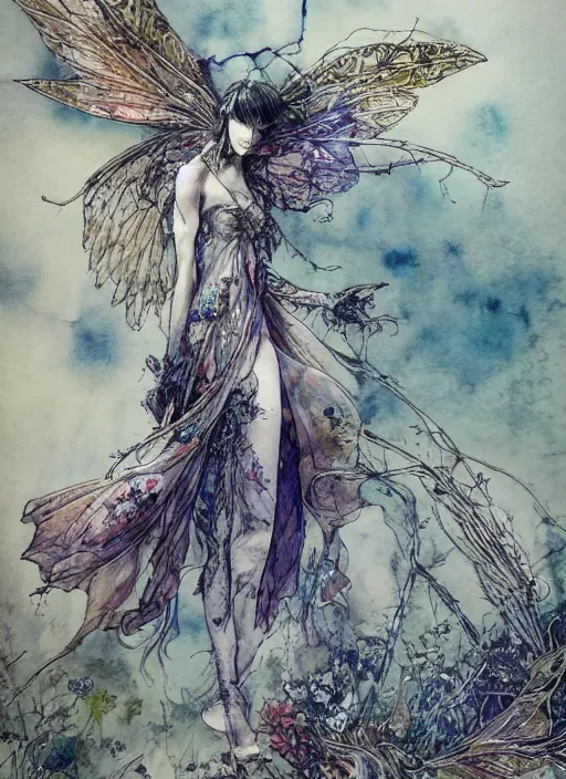 Image similar to beautiful, limping fairy, walks across the battlefield toward an oasis, barb wire, explosions, torn wing, watercolor, pen and ink, intricate line drawings, by Yoshitaka Amano, Ruan Jia, Kentaro Miura, Artgerm,