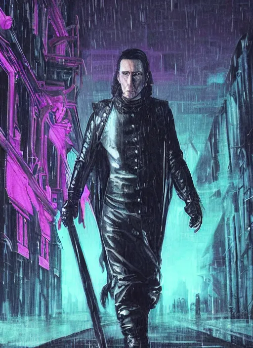 Image similar to an epic fantasy comic book style full body portrait painting of a very beautiful synthwave industrial goth trent reznor as snape walking in the rain, neon reflections in the rain puddles, character design by mark ryden and pixar and hayao miyazaki, unreal 5, daz, hyperrealistic, octane render, cosplay, rpg portrait, dynamic lighting, intricate detail, cinematic