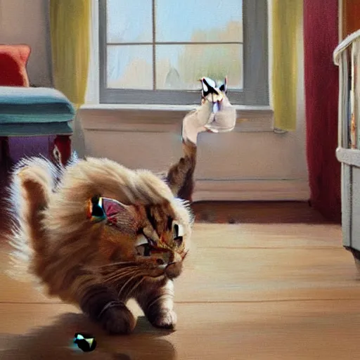 Prompt: cream color maine coon cat chasing a cat-toy-ball in a sunlit bedroom, hardwood floors with a colorful tattered old throw rug, bay window sofa in the background, fun, energetic, amusing, cute, funny, in style of Steve Henderson, trending on art station