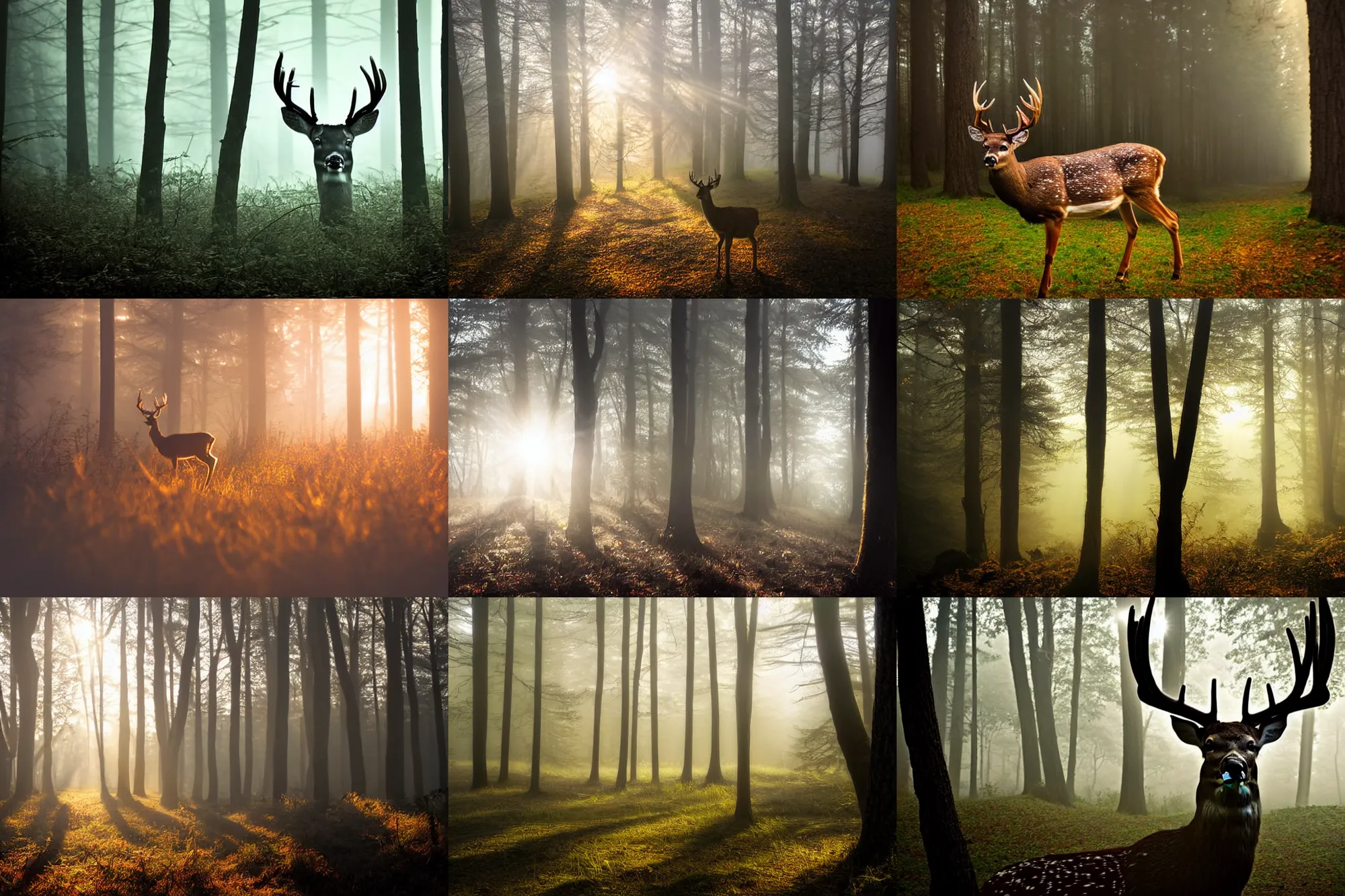 Prompt: shining eyes, a close up of the head of a deer, background of a landscape misty forest scene, the sun glistening through the trees