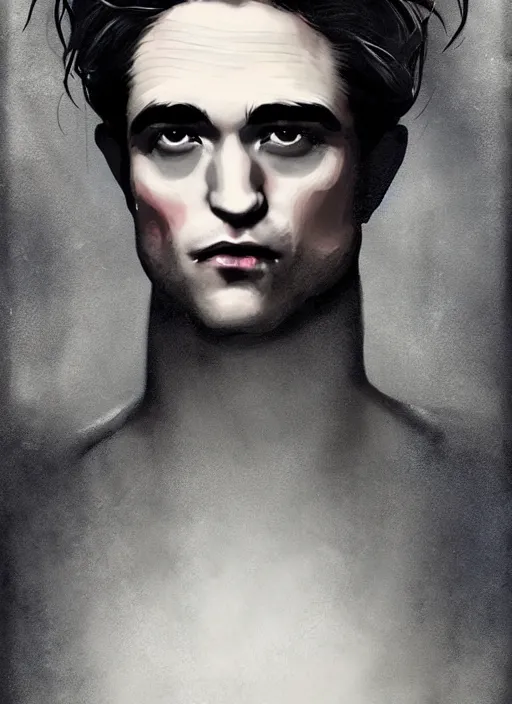 Image similar to well - shaven robert pattinson, black outfit, cape, in the style of tom bagshaw, sandman, misty endless dream cinematic background, netflix sandman