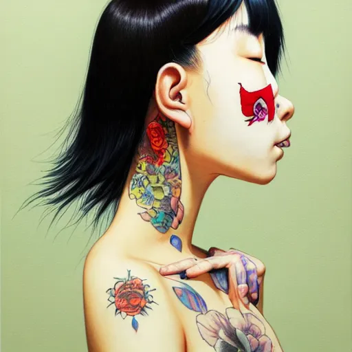 Image similar to full view of taiwanese girl with tattoos, wearing a cowboy hat, style of yoshii chie and hikari shimoda and martine johanna and edward hopper and james gilleard and zdzislaw beksisnski, highly detailed