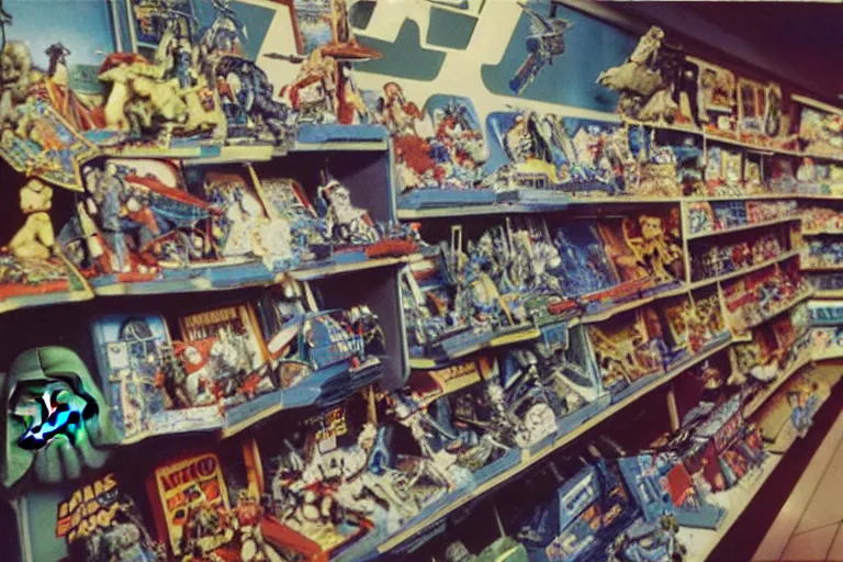 Prompt: autochrome photo of vintage star wars toy aisle, detailed, realistic, toy store