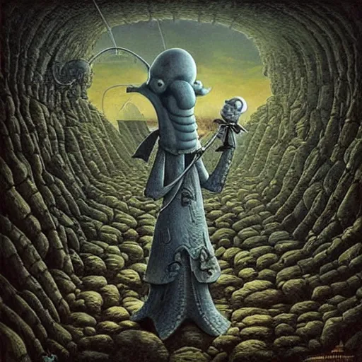 Prompt: squidward as a dark souls boss by Jacek Yerka