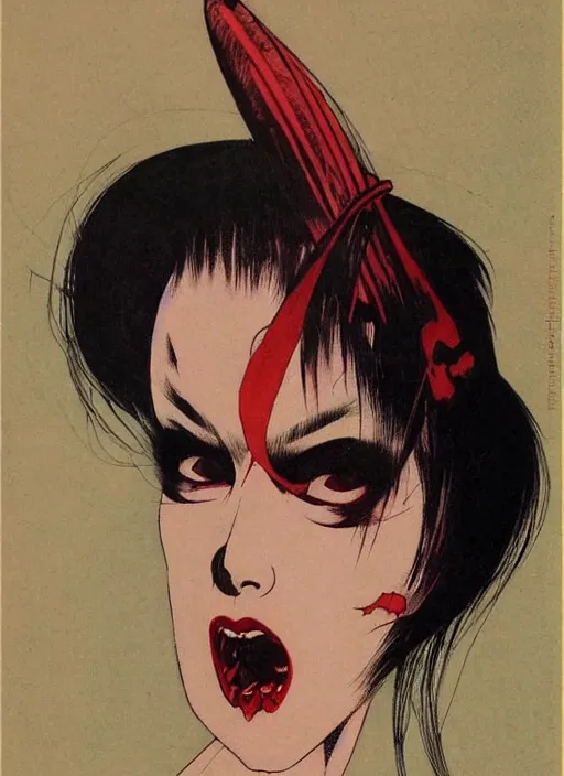 Image similar to portrait of bald korean vampiress, strong line, saturated color, beautiful! coherent! by frank frazetta, high contrast, minimalism