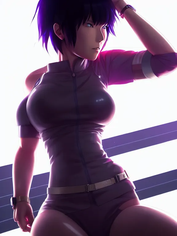 Image similar to a fullbody portrait of motoko kusanagi the major ghost in the shell : : stand alone complex, under repairs, maintenance : : by ilya kuvshinov, rossdraws, artgerm, sola digital arts, anti aliasing, raytracing : :