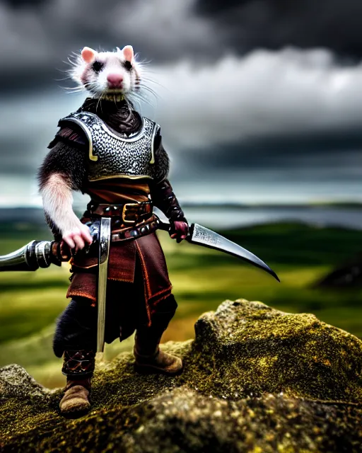 Image similar to ferret warrior, furry, fantasy, viking, high detailed, photography, cloudy, lightweight leather armour, scandinavia, plain, detailed face, look into the distance, serious face, full body, in full growth, professional photographer, masterpiece, 5 0 mm, extremely detailed, 8 k