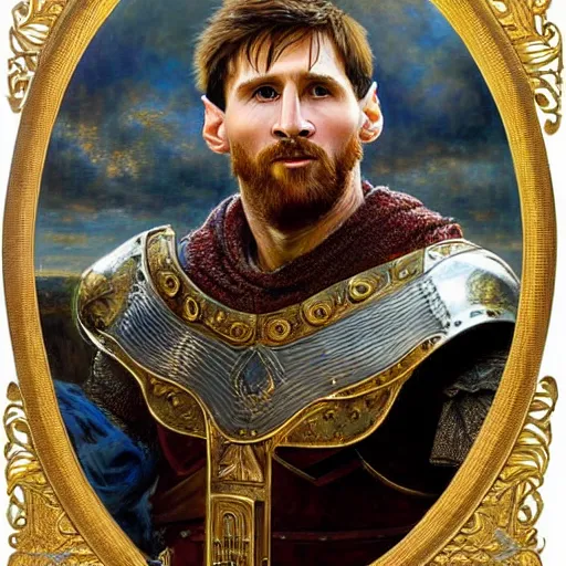 Image similar to attractive lionel messi as attractive king arthur pendragon, natural lighting, high quality, very detailed painting, by gaston bussiere, donato giancola, j. c. leyendecker