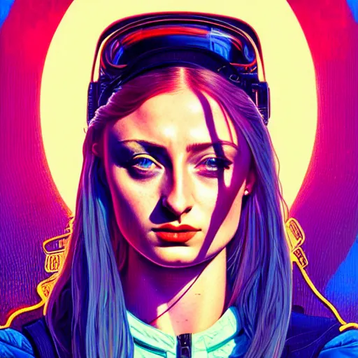 Prompt: high quality high detail portrait of a sophie turner as diesel punk character in an futuristic world, techwear, tristan eaton, victo ngai, artgerm, rhads, ross draws, hyperrealism, intricate detailed, alphonse mucha, pastel colors, vintage, artstation