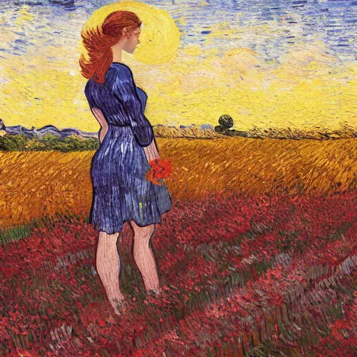 Image similar to Fair skinned young woman, large field, flowers, beautiful, art, 8k, sunset, skyline, young woman in a dress, wind, trees in background, picking flowers, summer night, dynamic lighting, Vincent van Gogh oil painting, off center, large brush strokes, post impressionism, orange, yellow, red, blues, fine art