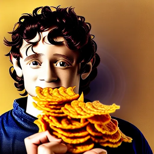 Image similar to uhd frodo made of fritos. photo by annie leibowitz