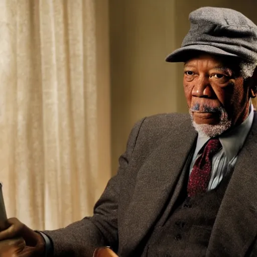 Image similar to still morgan freeman in peacky blinders wearing a news boy cap