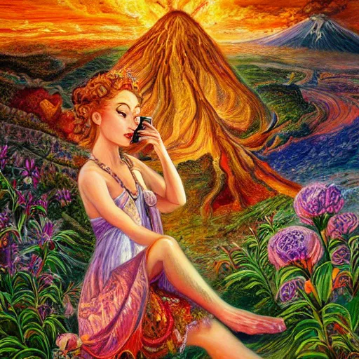 Prompt: a painting by josephine wall depicting a ramhorned goddes checking her cell phone, erupting volcano and sunrise in distance in background, flowers in foreground, acrylic on canvas, intricately detailed, highly detailed, high resolution, trending on artstation