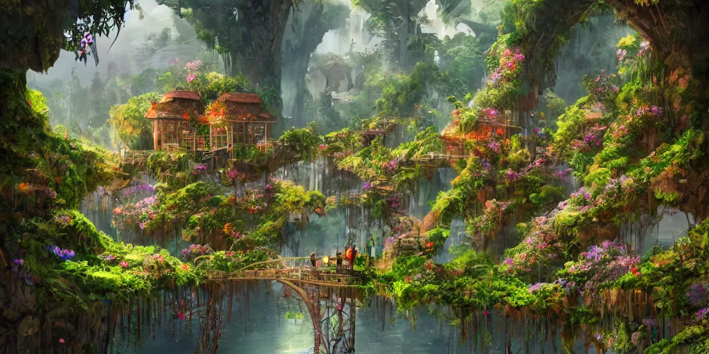 Image similar to a beautiful nature civilization, fancy, flowers, bridges, nature city, people, tree houses, trending on artstation, behance, deviantart