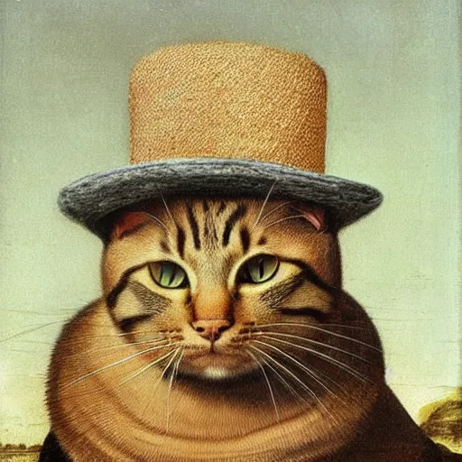 Image similar to a portrait of a cat wear a hat, by Da vinci