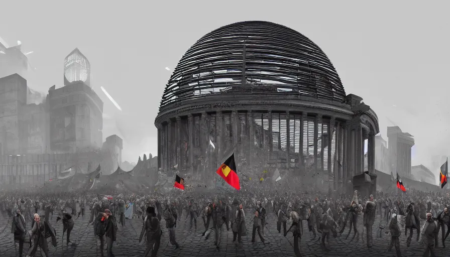 Image similar to concrete berlin with huge fortress and buildings, grey sky, german flags on the walls, giant reichstag, crowd, hyperdetailed, artstation, cgsociety, 8 k