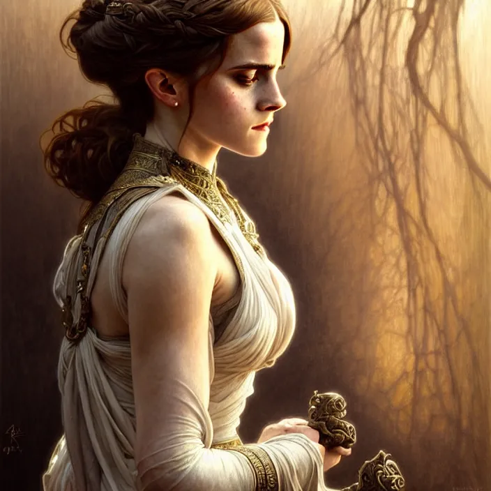 Image similar to ancient queen emma watson, symetrical, diffuse lighting, fantasy, intricate, elegant, highly detailed, lifelike, photorealistic, digital painting, artstation, illustration, concept art, 4 k, smooth, sharp focus, art by john collier and albert aublet and krenz cushart and artem demura and alphonse mucha