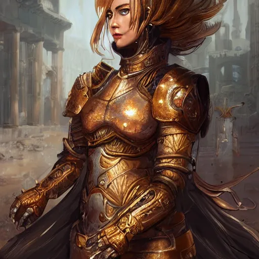 Image similar to portrait knights of Zodiac girl, golden and copper armor, in ruined Agora of Athens, ssci-fi, fantasy, intricate, very very beautiful, elegant, highly detailed, digital painting, artstation, concept art, smooth, sharp focus, illustration, art by tian zi and WLOP and artgerm