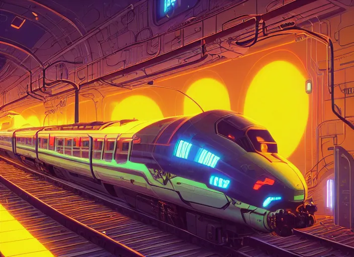 Image similar to a luminescent cyberpunk train by paolo eleuteri serpieri and tomer hanuka and chesley bonestell and daniel merriam and tomokazu matsuyama, unreal engine, high resolution render, featured on artstation, octane, 8 k, highly intricate details, vivid colors, vector illustration